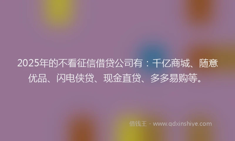 2025年的不看征信借贷公司有：千亿商城、随意优品、闪电侠贷、现金直贷、多多易购等。