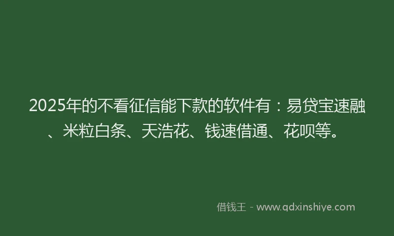2025年的不看征信能下款的软件有：易贷宝速融、米粒白条、天浩花、钱速借通、花呗等。