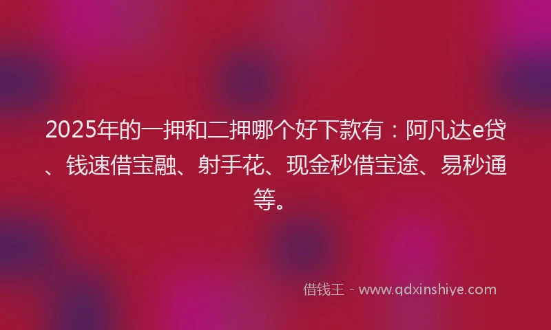 2025年的一押和二押哪个好下款有：阿凡达e贷、钱速借宝融、射手花、现金秒借宝途、易秒通等。