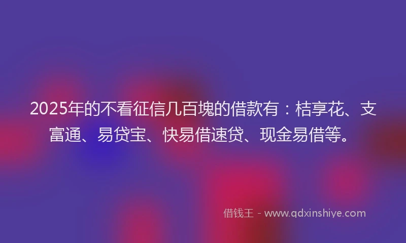 2025年的不看征信几百塊的借款有：桔享花、支富通、易贷宝、快易借速贷、现金易借等。