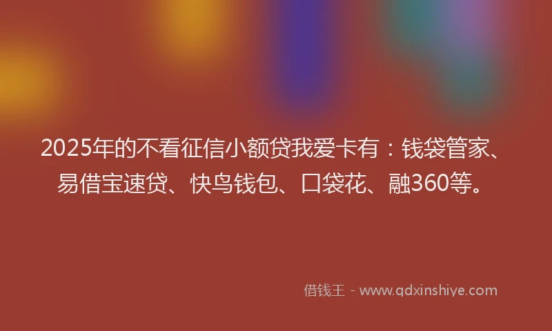 2025年的不看征信小额贷我爱卡有：钱袋管家、易借宝速贷、快鸟钱包、口袋花、融360等。