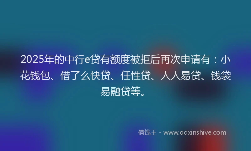 2025年的中行e贷有额度被拒后再次申请有：小花钱包、借了么快贷、任性贷、人人易贷、钱袋易融贷等。