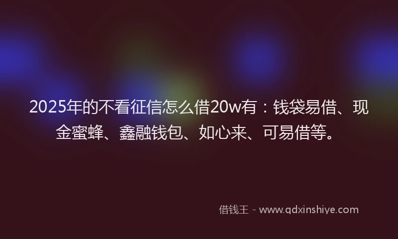 2025年的不看征信怎么借20w有：钱袋易借、现金蜜蜂、鑫融钱包、如心来、可易借等。