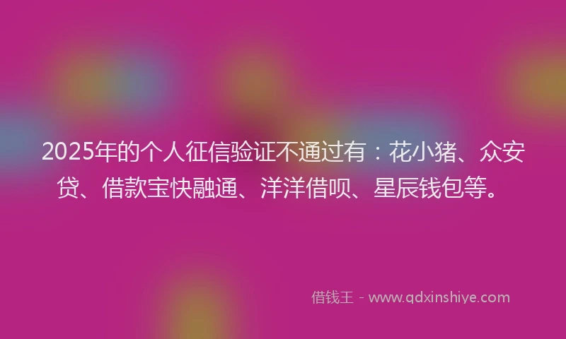 2025年的个人征信验证不通过有：花小猪、众安贷、借款宝快融通、洋洋借呗、星辰钱包等。