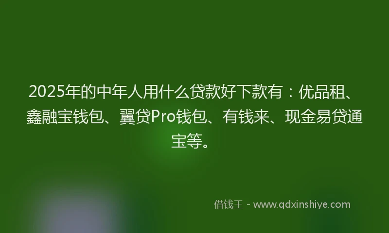 2025年的中年人用什么贷款好下款有:优品租、鑫融宝钱包、翼贷Pro钱包、有钱来、现金易贷通宝等。