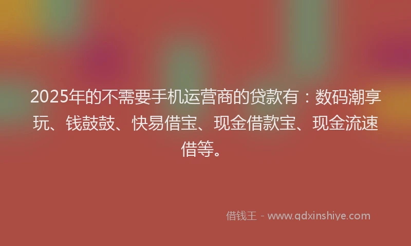 2025年的不需要手机运营商的贷款有：数码潮享玩、钱鼓鼓、快易借宝、现金借款宝、现金流速借等。