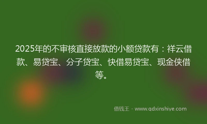 2025年的不审核直接放款的小额贷款有：祥云借款、易贷宝、分子贷宝、快借易贷宝、现金侠借等。