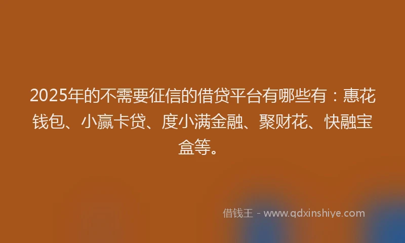 2025年的不需要征信的借贷平台有哪些有：惠花钱包、小赢卡贷、度小满金融、聚财花、快融宝盒等。