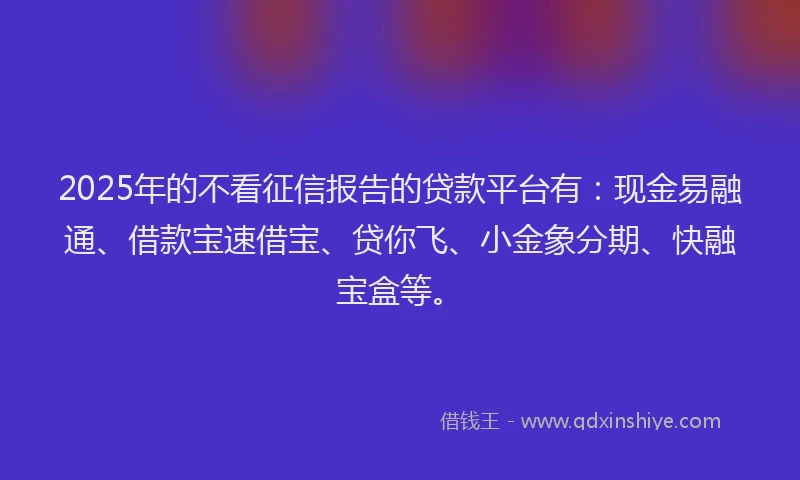 2025年的不看征信报告的贷款平台有：现金易融通、借款宝速借宝、贷你飞、小金象分期、快融宝盒等。