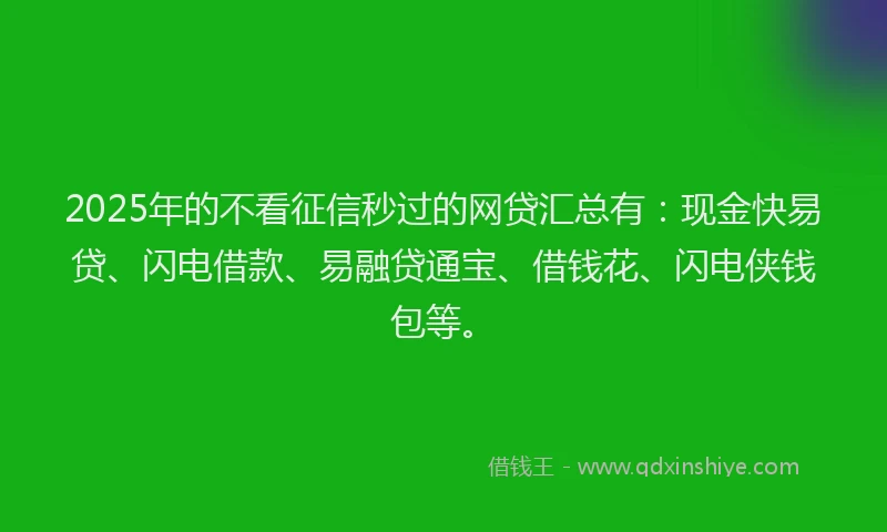 2025年的不看征信秒过的网贷汇总有：现金快易贷、闪电借款、易融贷通宝、借钱花、闪电侠钱包等。