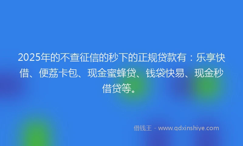 2025年的不查征信的秒下的正规贷款有：乐享快借、便荔卡包、现金蜜蜂贷、钱袋快易、现金秒借贷等。