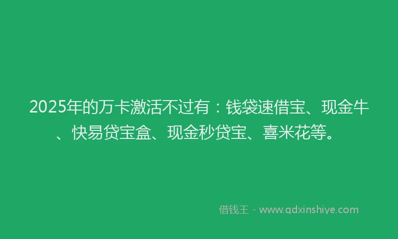 2025年的万卡激活不过有：钱袋速借宝、现金牛、快易贷宝盒、现金秒贷宝、喜米花等。