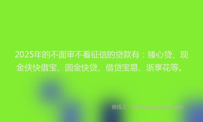 2025年的不面审不看征信的贷款有：臻心贷、现金侠快借宝、固金快贷、借贷宝易、浙享花等。