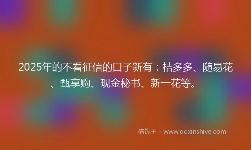 2025年的不看征信的口子新有：桔多多、随易花、甄享购、现金秘书、新一花等。