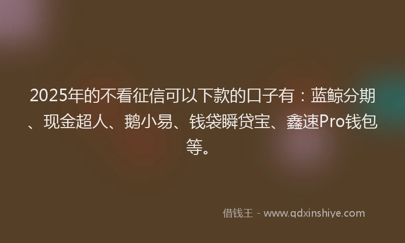 2025年的不看征信可以下款的口子有：蓝鲸分期、现金超人、鹅小易、钱袋瞬贷宝、鑫速Pro钱包等。
