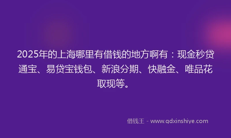 2025年的上海哪里有借钱的地方啊有：现金秒贷通宝、易贷宝钱包、新浪分期、快融金、唯品花取现等。