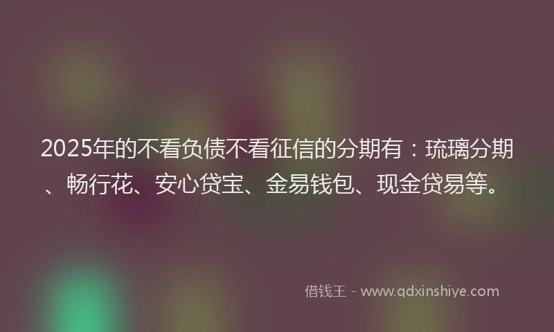 2025年的不看负债不看征信的分期有：琉璃分期、畅行花、安心贷宝、金易钱包、现金贷易等。