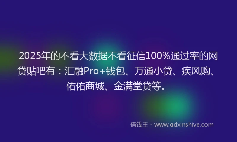 2025年的不看大数据不看征信100%通过率的网贷贴吧有:汇融Pro+钱包、万通小贷、疾风购、佑佑商城、金满堂贷等。