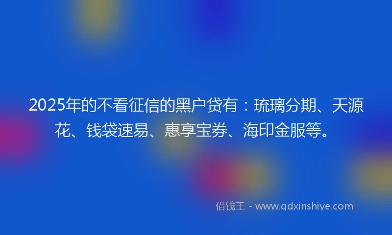 2025年的不看征信的黑户贷有：琉璃分期、天源花、钱袋速易、惠享宝券、海印金服等。