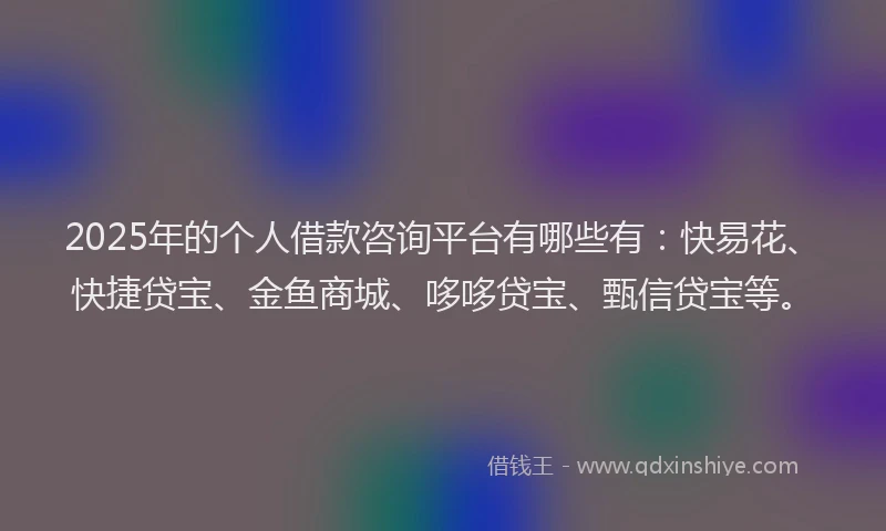 2025年的个人借款咨询平台有哪些有：快易花、快捷贷宝、金鱼商城、哆哆贷宝、甄信贷宝等。