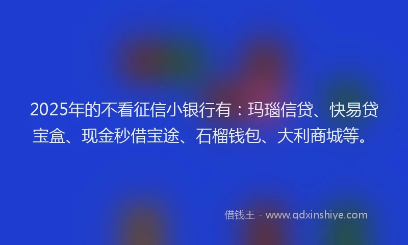 2025年的不看征信小银行有：玛瑙信贷、快易贷宝盒、现金秒借宝途、石榴钱包、大利商城等。