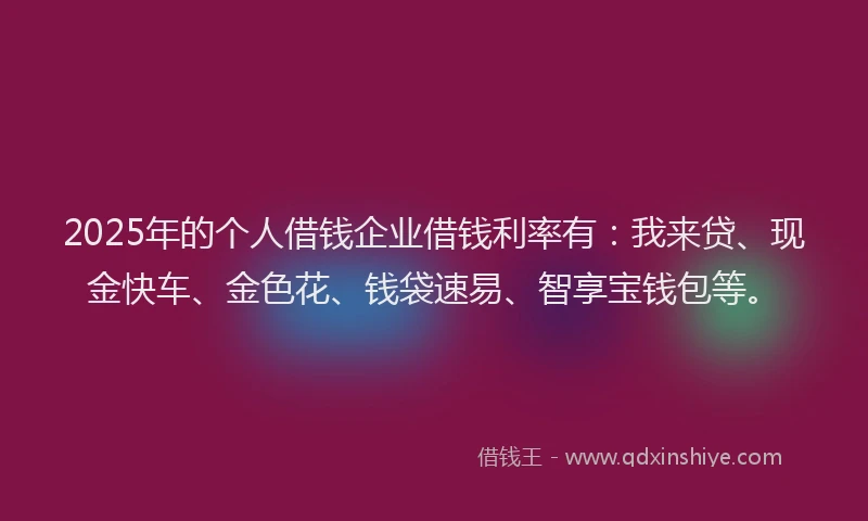 2025年的个人借钱企业借钱利率有：我来贷、现金快车、金色花、钱袋速易、智享宝钱包等。