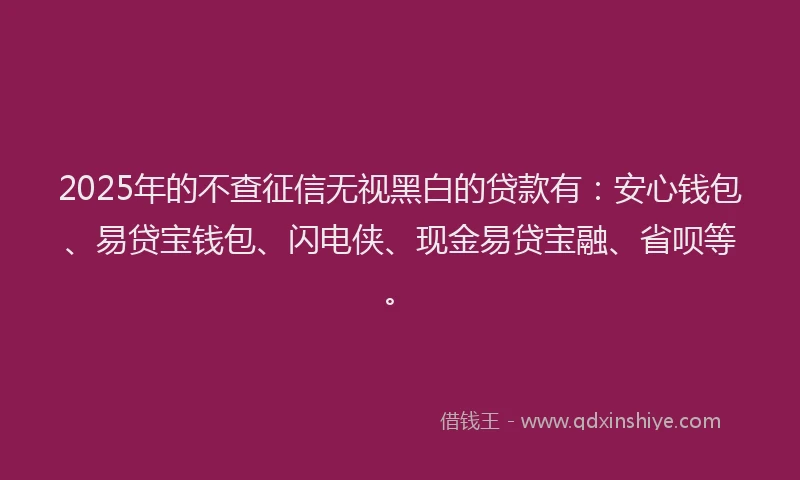 2025年的不查征信无视黑白的贷款有：安心钱包、易贷宝钱包、闪电侠、现金易贷宝融、省呗等。