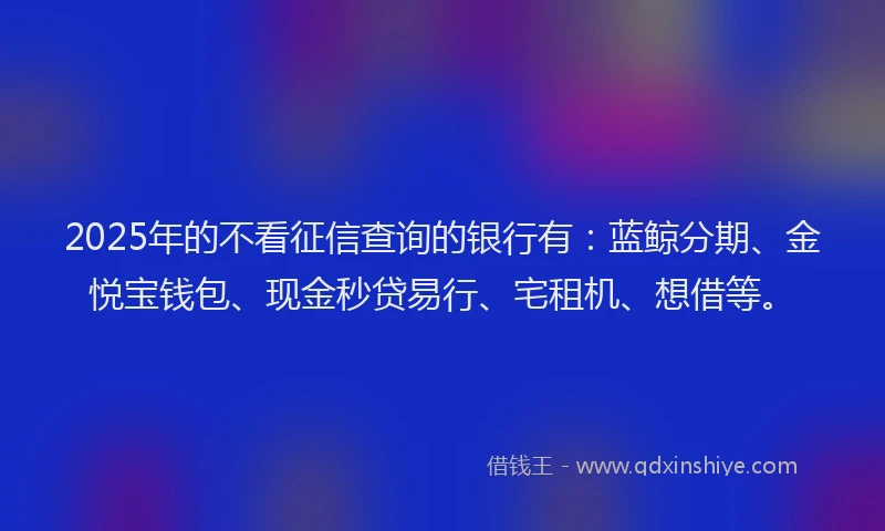 2025年的不看征信查询的银行有：蓝鲸分期、金悦宝钱包、现金秒贷易行、宅租机、想借等。