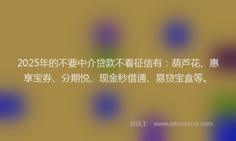 2025年的不要中介贷款不看征信有：葫芦花、惠享宝券、分期悦、现金秒借通、易贷宝盒等。