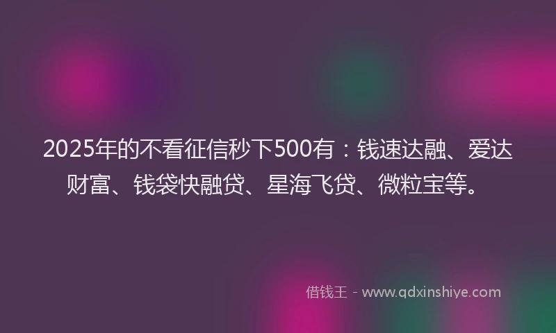 2025年的不看征信秒下500有：钱速达融、爱达财富、钱袋快融贷、星海飞贷、微粒宝等。