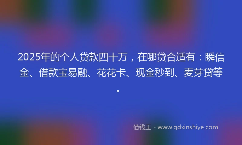 2025年的个人贷款四十万，在哪贷合适有：瞬信金、借款宝易融、花花卡、现金秒到、麦芽贷等。