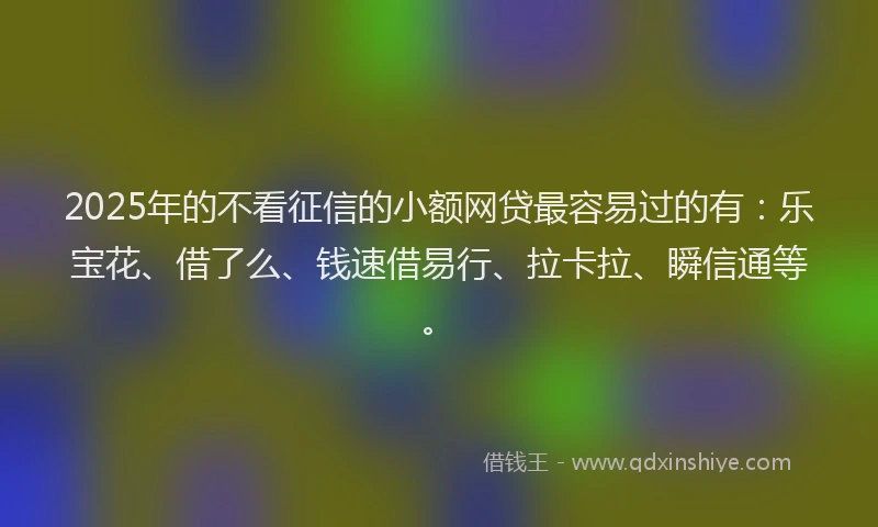 2025年的不看征信的小额网贷最容易过的有：乐宝花、借了么、钱速借易行、拉卡拉、瞬信通等。