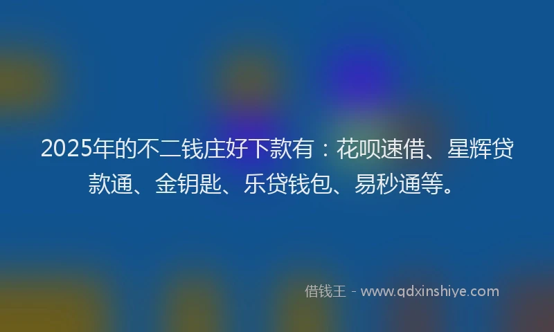 2025年的不二钱庄好下款有：花呗速借、星辉贷款通、金钥匙、乐贷钱包、易秒通等。