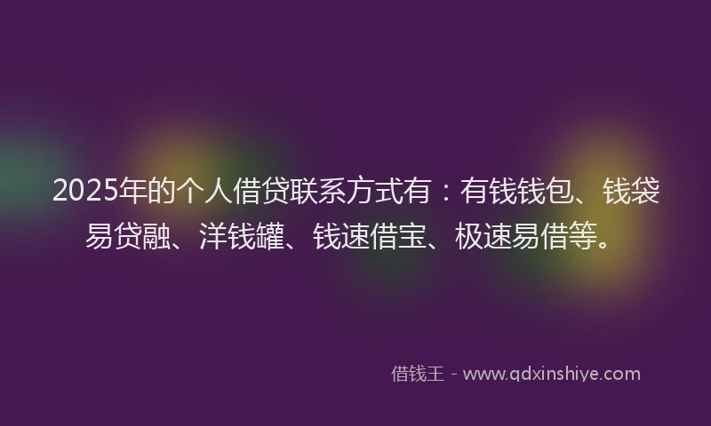 2025年的个人借贷联系方式有：有钱钱包、钱袋易贷融、洋钱罐、钱速借宝、极速易借等。