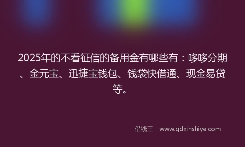 2025年的不看征信的备用金有哪些有：哆哆分期、金元宝、迅捷宝钱包、钱袋快借通、现金易贷等。