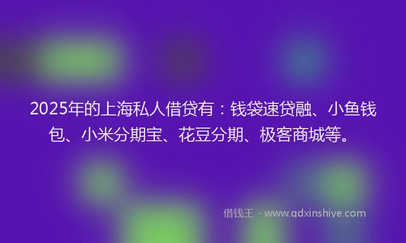 2025年的上海私人借贷有：钱袋速贷融、小鱼钱包、小米分期宝、花豆分期、极客商城等。