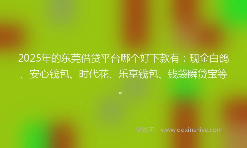 2025年的东莞借贷平台哪个好下款有:现金白鸽、安心钱包、时代花、乐享钱包、钱袋瞬贷宝等。
