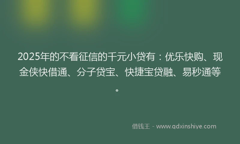 2025年的不看征信的千元小贷有：优乐快购、现金侠快借通、分子贷宝、快捷宝贷融、易秒通等。