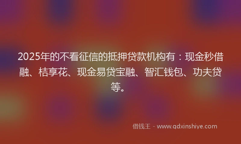 2025年的不看征信的抵押贷款机构有：现金秒借融、桔享花、现金易贷宝融、智汇钱包、功夫贷等。