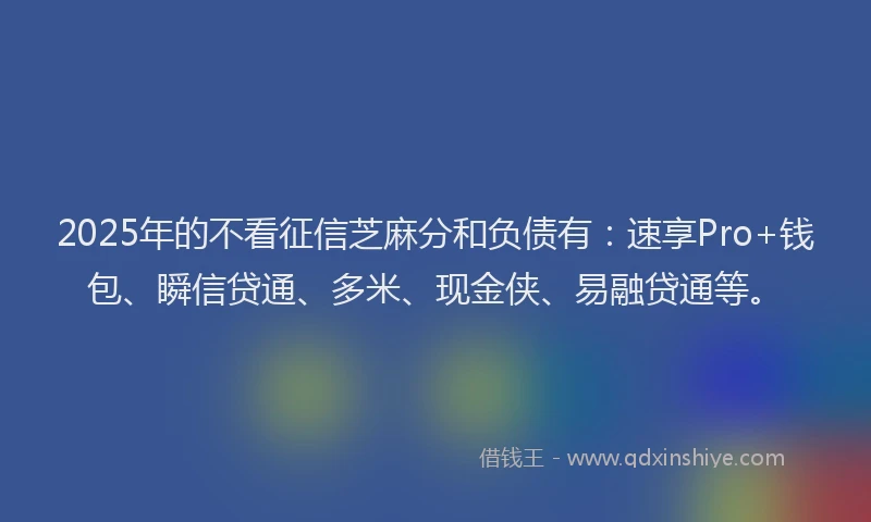 2025年的不看征信芝麻分和负债有：速享Pro+钱包、瞬信贷通、多米、现金侠、易融贷通等。