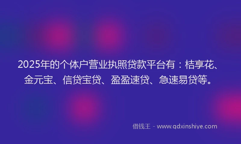 2025年的个体户营业执照贷款平台有：桔享花、金元宝、信贷宝贷、盈盈速贷、急速易贷等。