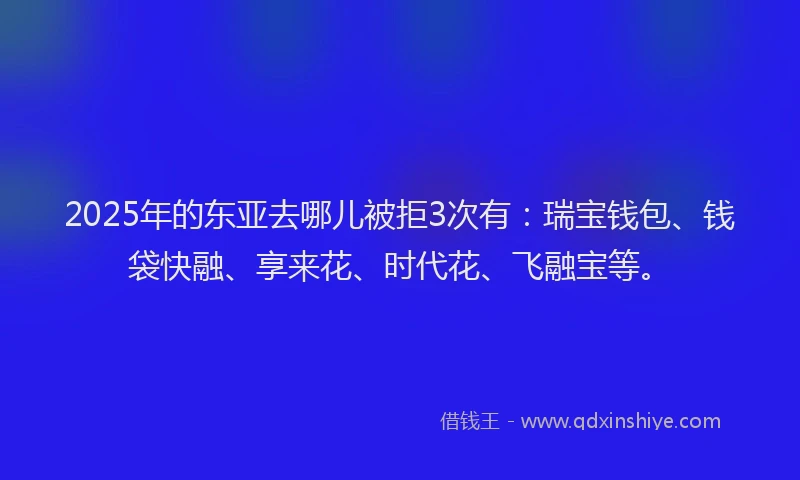 2025年的东亚去哪儿被拒3次有：瑞宝钱包、钱袋快融、享来花、时代花、飞融宝等。