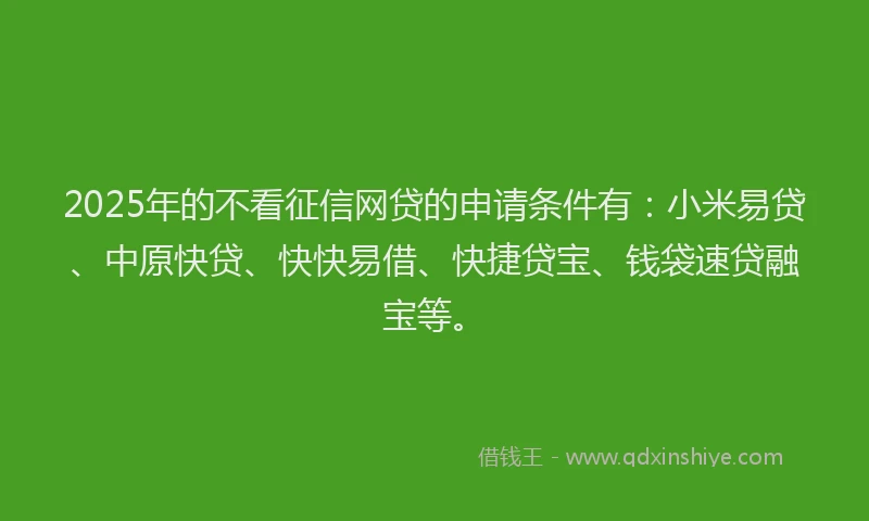 2025年的不看征信网贷的申请条件有：小米易贷、中原快贷、快快易借、快捷贷宝、钱袋速贷融宝等。