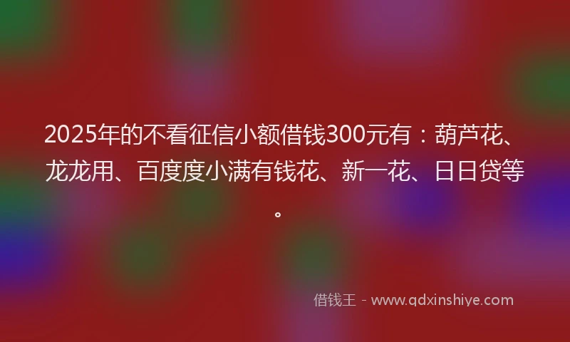 2025年的不看征信小额借钱300元有：葫芦花、龙龙用、百度度小满有钱花、新一花、日日贷等。