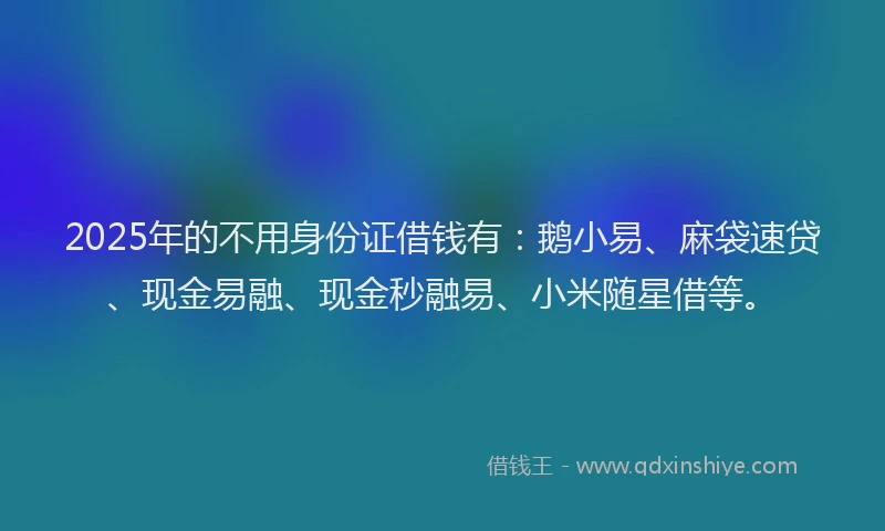 2025年的不用身份证借钱有：鹅小易、麻袋速贷、现金易融、现金秒融易、小米随星借等。
