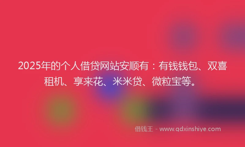 2025年的个人借贷网站安顺有：有钱钱包、双喜租机、享来花、米米贷、微粒宝等。