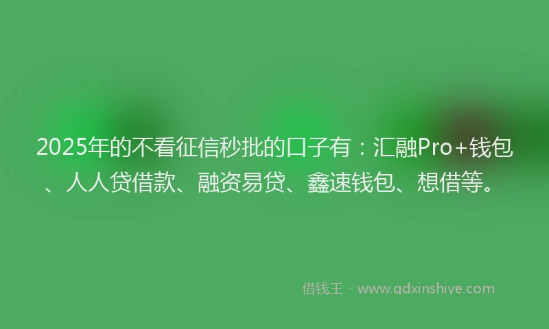 2025年的不看征信秒批的口子有：汇融Pro+钱包、人人贷借款、融资易贷、鑫速钱包、想借等。