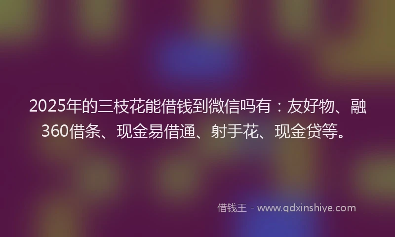 2025年的三枝花能借钱到微信吗有：友好物、融360借条、现金易借通、射手花、现金贷等。