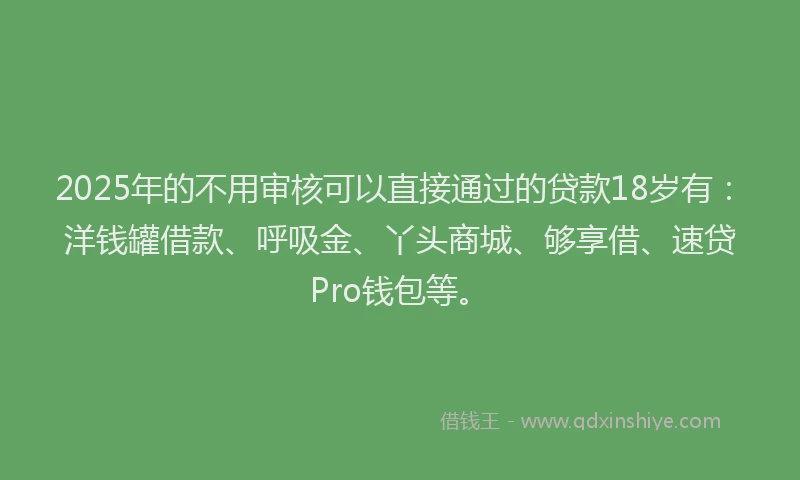 2025年的不用审核可以直接通过的贷款18岁有：洋钱罐借款、呼吸金、丫头商城、够享借、速贷Pro钱包等。
