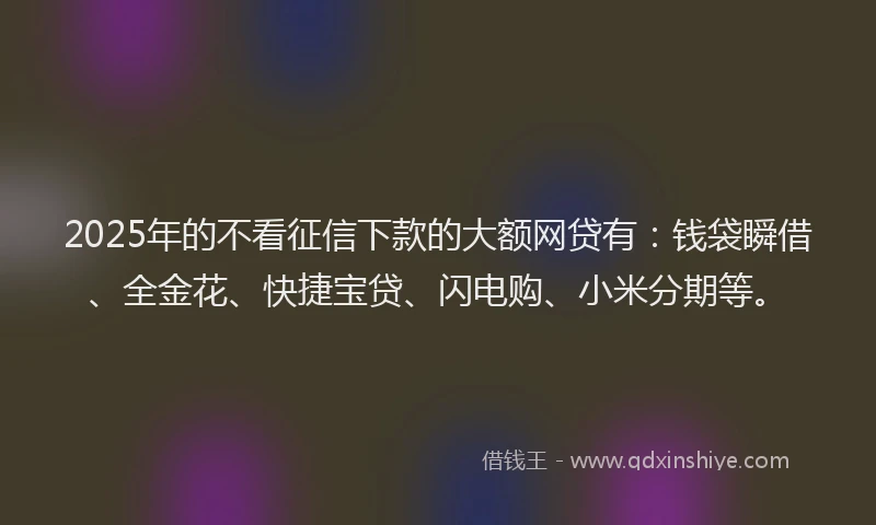 2025年的不看征信下款的大额网贷有：钱袋瞬借、全金花、快捷宝贷、闪电购、小米分期等。